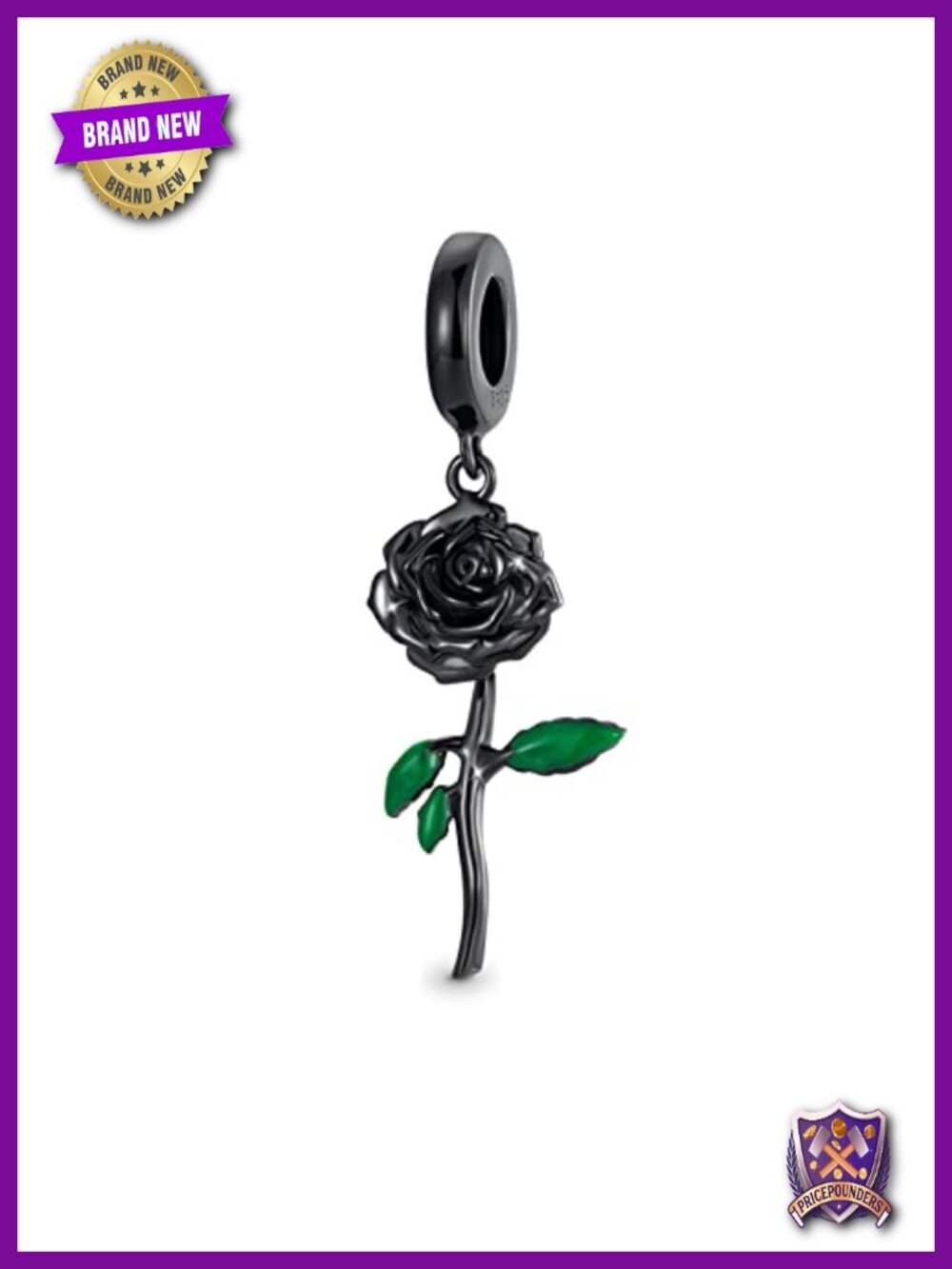 Genuine 925 Sterling Silver Black Enamel Rose Flower Pendant Charm for Women